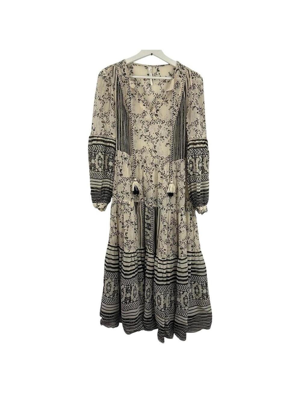 ANTHROPOLOGIE TIERED MIDI TASSELED BOHO DRESS SIZE XS